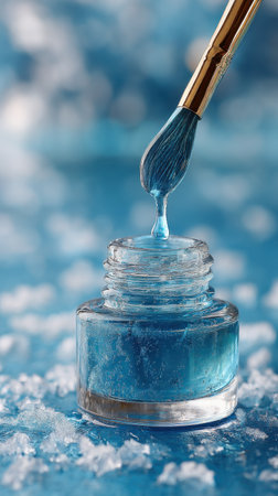 close up of nail polish bottle and brush on blue background with snowの素材