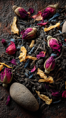 Dried tea leaves with rose petals on a dark background.の素材
