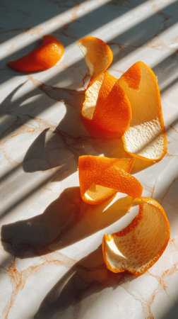 Peeled tangerine slicesle background with shadows and sunlightの素材