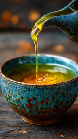 Pouring matcha tea into a bowl. Selective focus.の素材