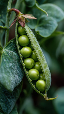 Green peas growing in the garden. Selective focus. Shallow depth of fieldの素材