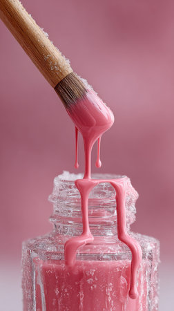 pink nail polish dripping from a paintbrush in a jar on a pink backgroundの素材