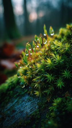 Water drops on moss in the forest. Shallow depth of field.の素材