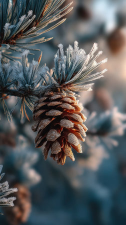 Pine branch covered with hoarfrost and snow. Winter backgroundの素材
