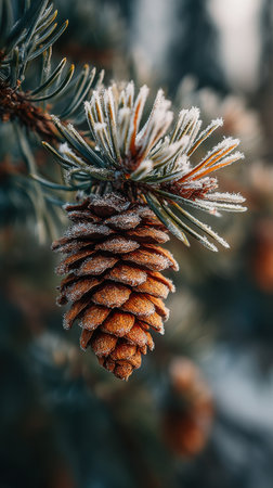 Pine cone on the branches of a pine tree in the snowの素材