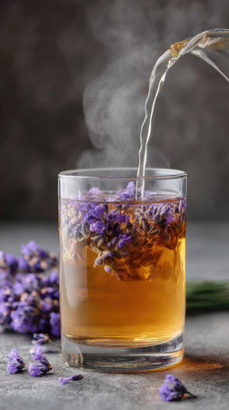 Glass of tasty lavender tea with fresh flowers on grey table, closeupの素材