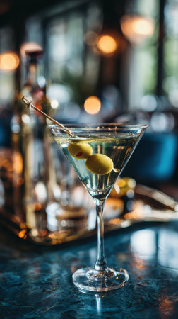 Martini cocktail with olives on bar counter. Alcoholic drinkの素材