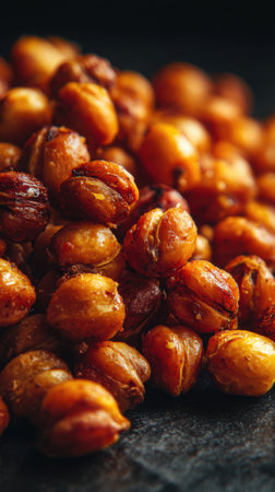 Pile of roasted chickpeas on dark background, selective focusの素材