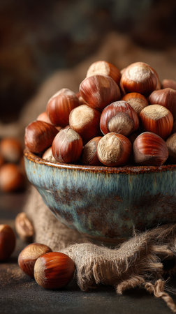 Hazelnuts in a bowl on a dark background, selective focusの素材
