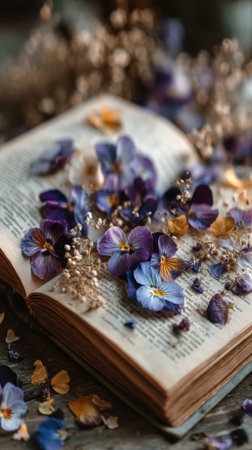 Open book with dried flowers and beads on wooden table, closeupの素材