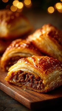 Baklava with meat on a wooden board, selective focusの素材