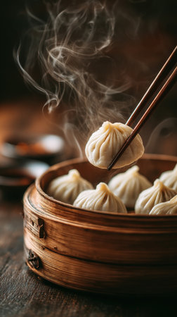 Steamed dumplings in bamboo steamer on dark background.の素材