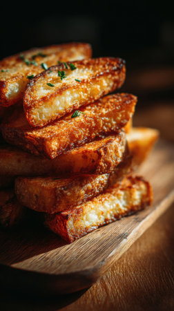 Fried potato wedges on a wooden board. Toned.の素材