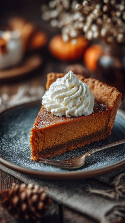 Piece of pumpkin pie with whipped cream on rustic wooden backgroundの素材