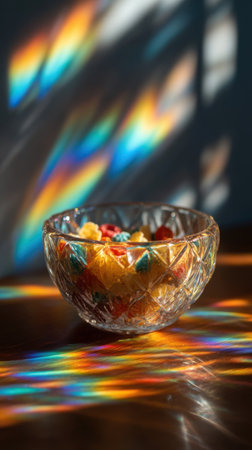 Colorful candies in a glass bowl on a dark background.の素材