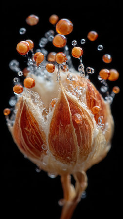 Falling drops of water on a flower bud on a black backgroundの素材
