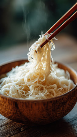 Rice noodle in wooden bowl with chopsticks on wooden tableの素材