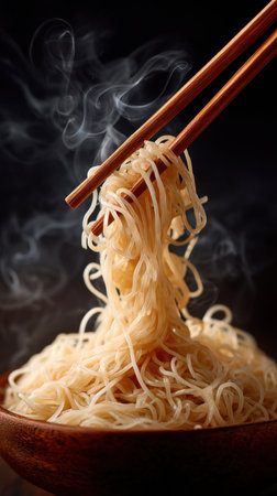 Chinese noodles with chopsticks and smoke on black background, close-upの素材
