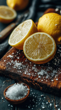Lemons and sea salt on a dark wooden background. Selective focus.の素材