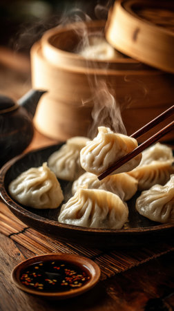 chinese steamed dumplings on a wooden plate with chopsticksの素材