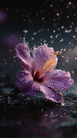 Beautiful purple hibiscus flower with water drops on dark backgroundの素材