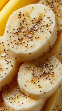 Banana slices with sesame seeds as background, closeup viewの素材