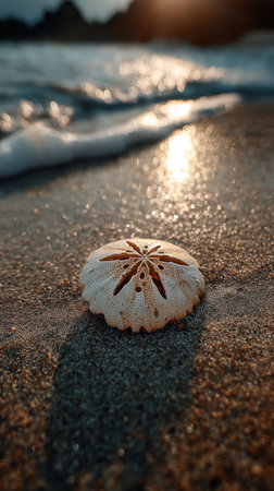 Beautiful seashell on the beach at sunset. Selective focus.の素材