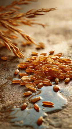 Rice grains and spikelets on grunge background, closeupの素材