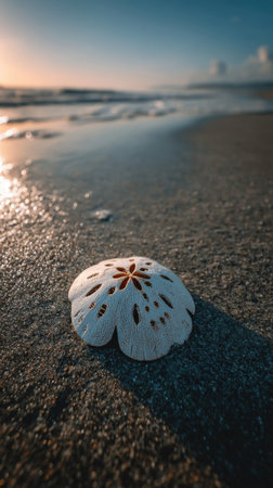 White seashell on the beach at sunset. Selective focus.の素材