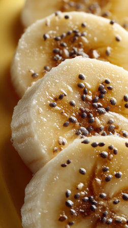 Delicious banana slices with sesame seeds on plate, closeupの素材