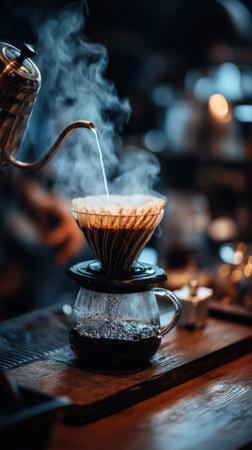 Coffee in a cezve on a dark background. Coffee brewing process.の素材