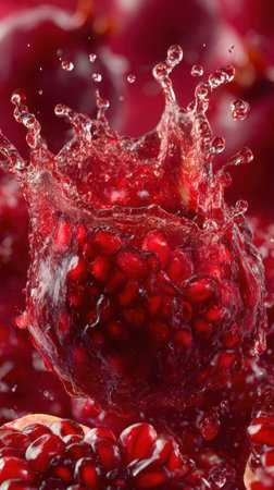 Pomegranate fruit with water splash, macro, close upの素材
