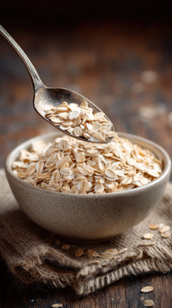 Oat flakes in a bowl with spoon on a wooden table.の素材
