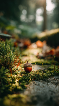 Acorn in the forest with moss and pine needles on the groundの素材
