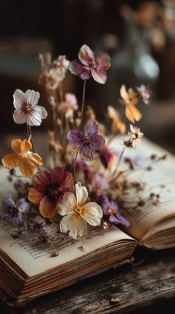 Dried flowers on an old book. Vintage style. Selective focus.の素材