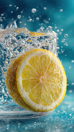 Fresh lemon in water with bubbles on blue background. Close up.の素材