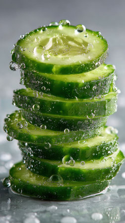 Sliced cucumber with water drops on a grey background.の素材
