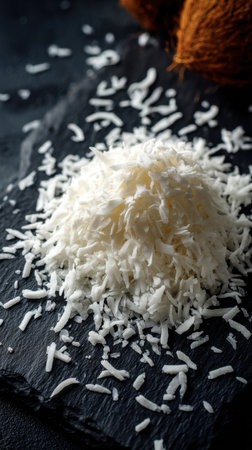 Coconut flakes on a black slate slab. Selective focus.の素材