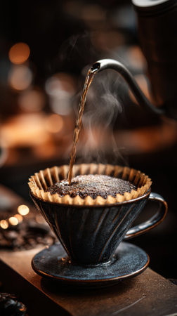 Coffee pouring into a cup of coffee, close-upの素材