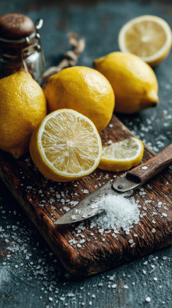 Fresh lemons and salt on wooden cutting board over dark background.の素材