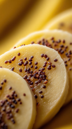 Banana slices with sesame seeds on yellow background. Close up.の素材