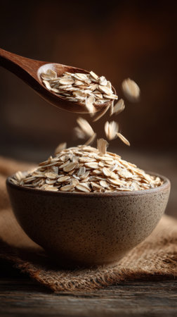 Oatmeal in a wooden spoon on a wooden background. Selective focus.の素材