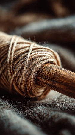 Spool of thread and knitting needles on the background of a brown fabricの素材