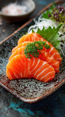 Salmon sashimi japanese food style on dark backgroundの素材