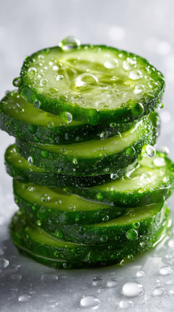 Cucumber slices with drops of water on a gray background.の素材