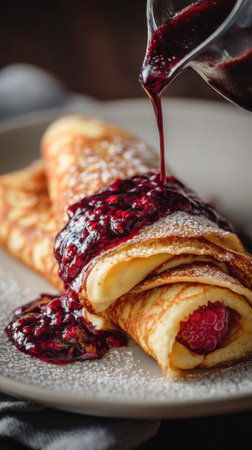 Pancakes with raspberry jam, selective focus, close-upの素材