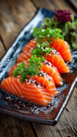Salmon sashimi on a black plate on a wooden backgroundの素材