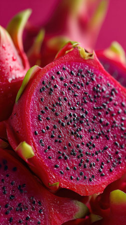 Dragon fruit on a pink background, close-up, macro.の素材