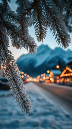 Frozen fir branches on the background of the road and mountains.の素材