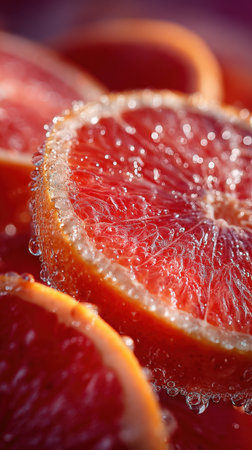 Slices of red grapefruit with water drops close-upの素材